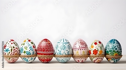 Colorful eggs with copyspace on white background. Easter egg concept, Spring holiday