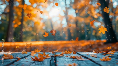 Wooden Table Covered With Leaves