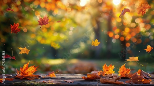 Wooden Table Covered With Leaves