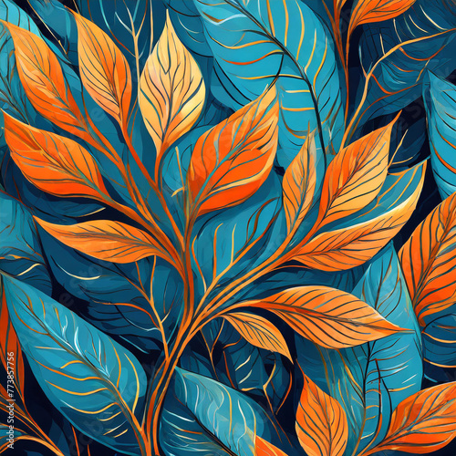 Floreal pattern leafs orange and blue