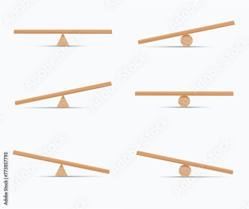 Balancing wooden plank isolated on white background. Balanced or unbalanced scales
