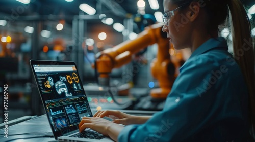 Woman Working on Laptop in Factory