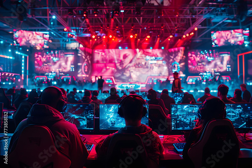 A lively esports tournament with players intensely focused on their monitors, competing in a team-based video game under vibrant stage lighting.