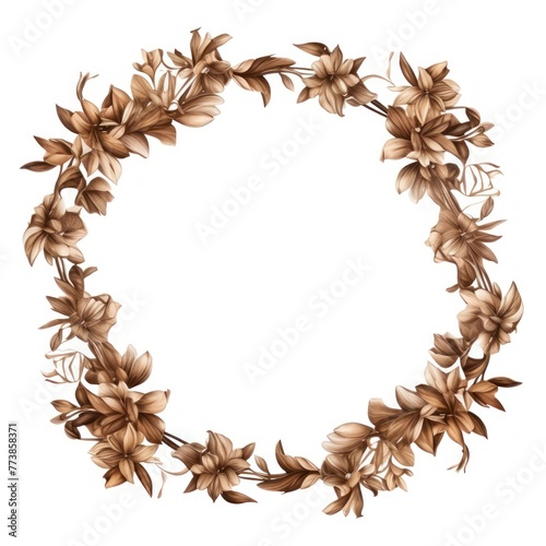 Brown thin barely noticeable flower frame with leaves isolated on white background pattern