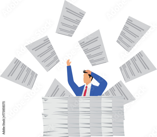 Heavy work pressure, overwork, exhaustion or fatigue, deadlines, a desperate and distracted businessman standing in the middle of a pile of scattered papers