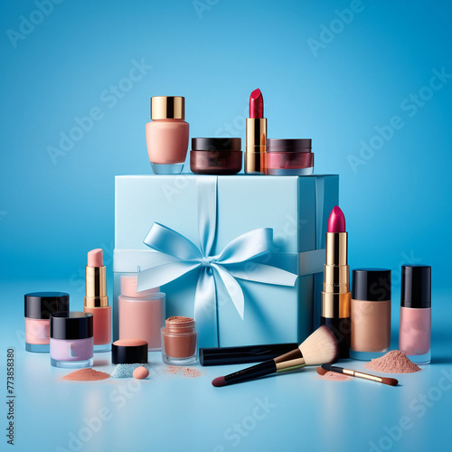 makeup cosmetics and a gift box on a light blue background
