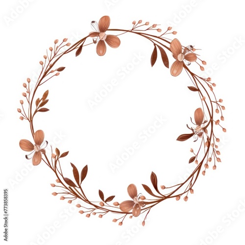 Brown thin barely noticeable flower frame with leaves isolated on white background pattern