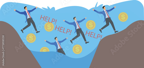 Businessman and gold coins falling into the water, financial crisis, business failure, debt problems or bankruptcy, helpless businessman drowning and calling for help