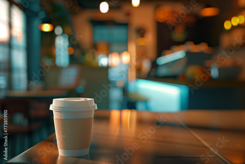 white paper coffee cup stands on a table in a coffee shop, white plastic coffee cup stands on a table in a coffee shop