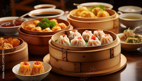 A variety of dim sum dishes including shumai har gow and siu mai are presented in bamboo steamers on a wooden table
