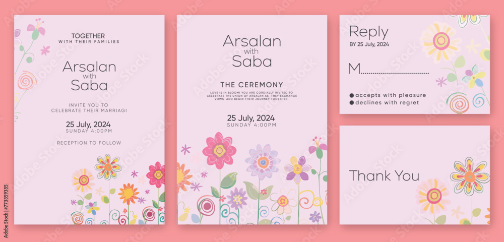 a pink and purple wedding invitation for a wedding.
