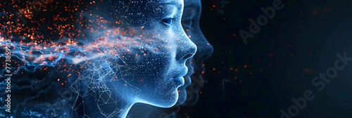  Abstract digital human face composed of a constellation of dynamic, glowing data points and geometric lines, set against the backdrop of a digital cosmos Artificial General Intelligence concept 