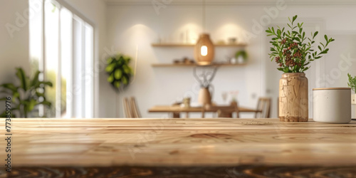  Empty wood table top counter on modern kitchen interior background , empty wooden table in kitchen room background ,Banner, Ready for product display