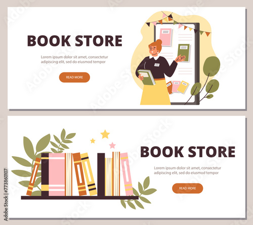 Book store vector flyers set, bookshelf and saleswoman presents books in shop, cartoon library, bookshop advertising