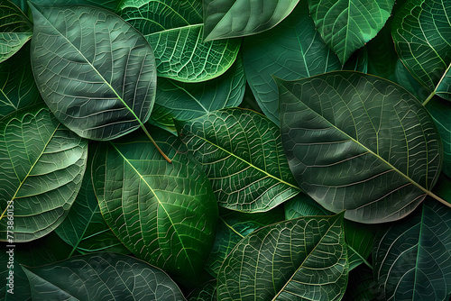 A dense collection of green leaves showcases the intricate vein patterns and vibrant color, capturing the lush life force of nature.