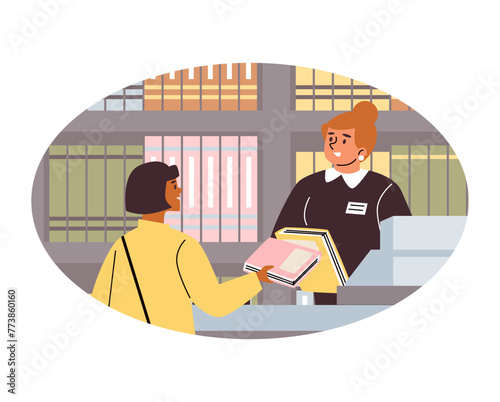 Cartoon customer buying books in shop, vector cute girl in the library or bookstore counter, happy booklover oval frame