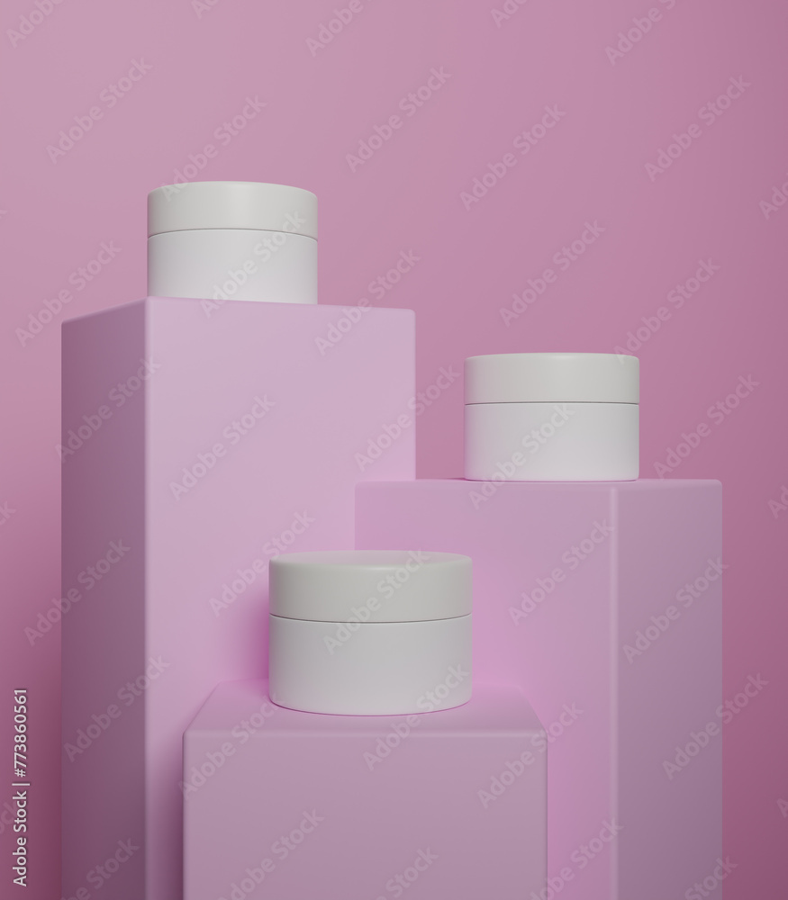 Three cream jar mcokup on the pink podium Three cream jar mcokup on the pink podium