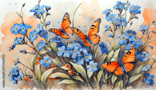 blue forget-me-not flowers and orange butterflies painted in watercolor