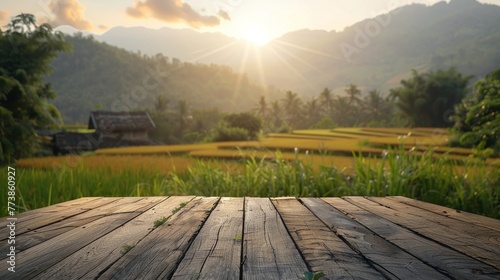 Wooden Table Overlooking Rice Field