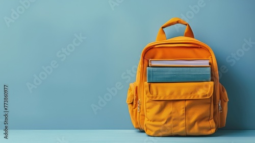 Yellow Backpack Against Blue Wall