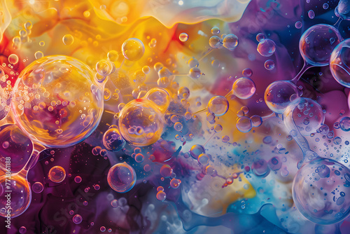 Vivid colors and delicate bubble patterns emerge from the interaction of oil and water in this captivating abstract macro photograph.