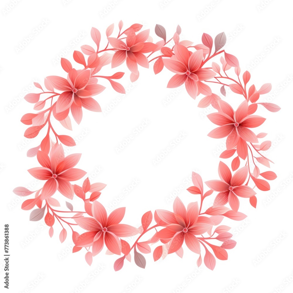 Coral thin barely noticeable flower frame with leaves isolated on white background pattern