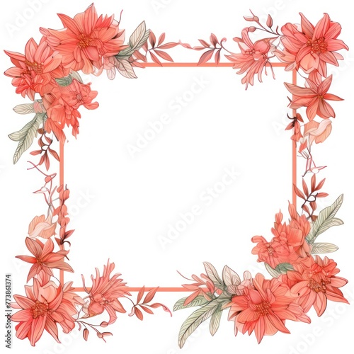 Coral thin barely noticeable flower frame with leaves isolated on white background pattern