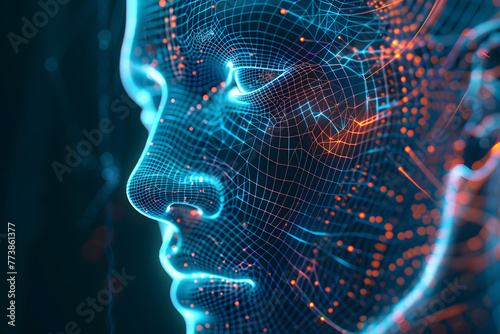 A striking digital art piece capturing a human face dissolving into an array of glowing data particles, symbolizing the fusion of technology and humanity. photo