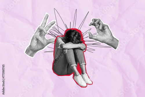 Εκτύπωση καμβά Creative photo collage young depressed sitting girl human hands psysical bullyin