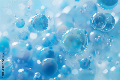 A tranquil display of transparent blue bubbles floating effortlessly, illuminated by a soft, diffuse light on a pale blue background.