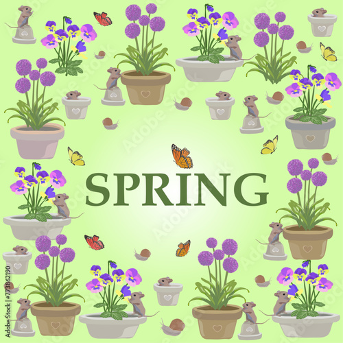 spring illustration with mice, butterflies, snail and allium flowers and violets