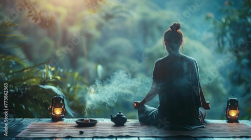 Tea mindfulness moments, a solitary retreat into nature, a person meditating beside a gently steaming teapot photo