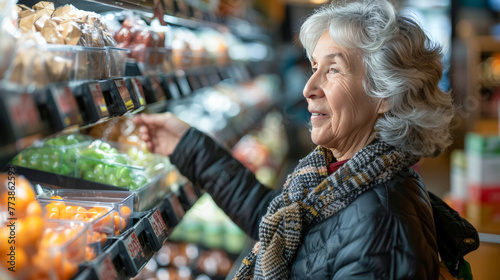 An old pensioner woman is looking for the cheapest prices