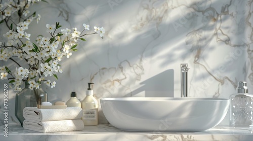 Modern Bathroom With Marble Counter Top and White Bowl Sink