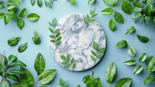 Marble Plate Surrounded by Green Leaves