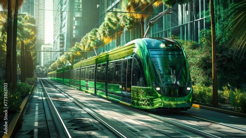 A green train is traveling down a track next to a city. The train is surrounded by trees and buildings, giving the impression of a futuristic city