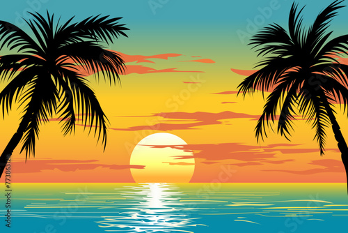 Vector illustration of sunset on a paradise beach with palm trees. View of a beautiful ocean with blue waters, waves and reflections, silhouettes of palm trees and a stunning warm sunset. © Evgeniia