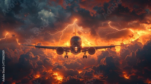 An airplane defies the wrath of a thunderstorm, its wings outstretched like a valiant warrior embracing the challenge head-on photo