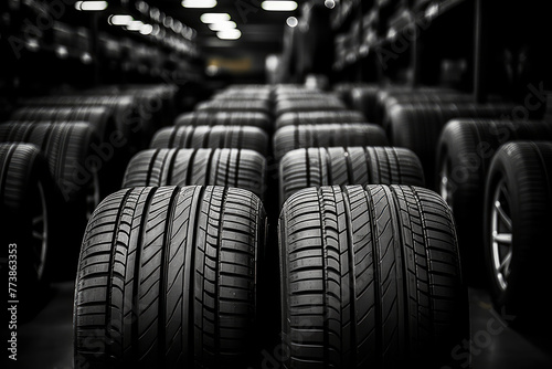 A spacious distribution center is filled with an abundant supply of fresh car tires, neatly organized and ready for distribution, highlighting the tire industry's efficiency and productivity.