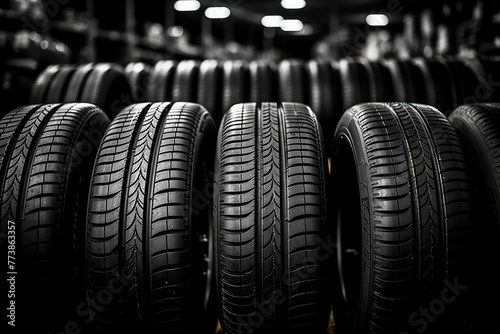 Spacious warehouse filled with neatly stacked new car tires, ready for distribution and sale. The well-organized storage area showcases the stock of tires available for purchase.