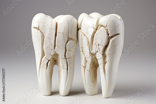 Detailed close-up view of damaged tooth enamel with two models showcasing cracked teeth. The enamel damage is clearly visible and serves as a warning about dental health and tooth care.