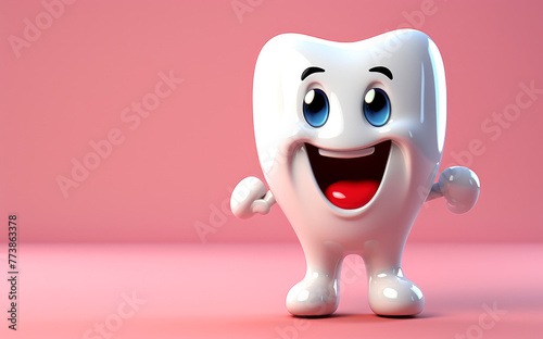 A joyful cartoon tooth character with a beaming smile and glistening eyes, promoting dental care and oral hygiene with its cheerful expression and positive demeanor.