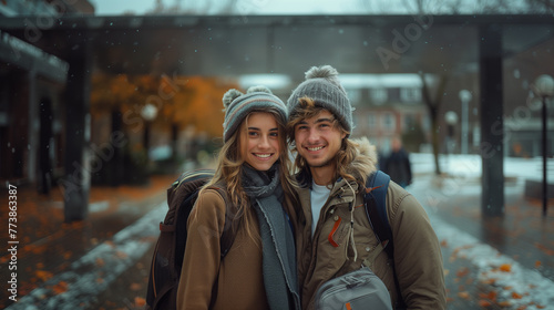 Happy young student couple talk while walking through university campus. Generative AI