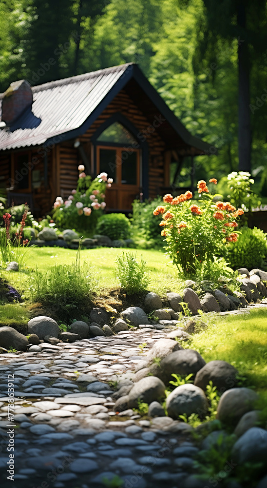 Stunning landscape design with a winding stone pathway meandering through lush greenery and vibrant flowers, leading to a charming house, creating a serene and inviting atmosphere.