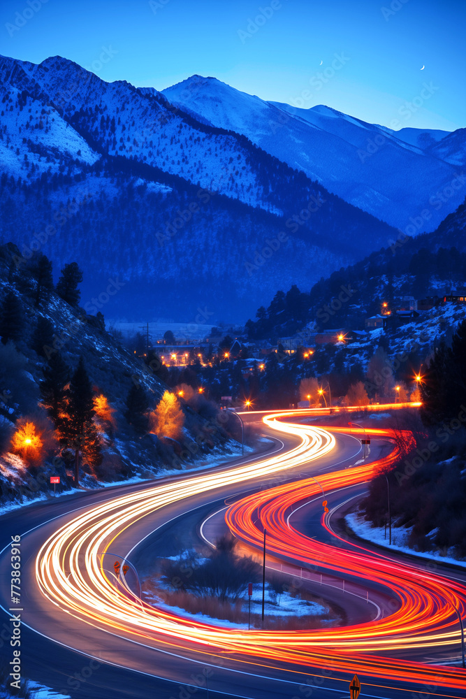 Vibrant streaks of car lights twisting and turning on a winding mountain road during twilight, with majestic winter mountains in the background.