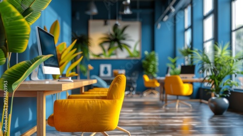 Modern Lobby With Yellow Chairs and Large Windows