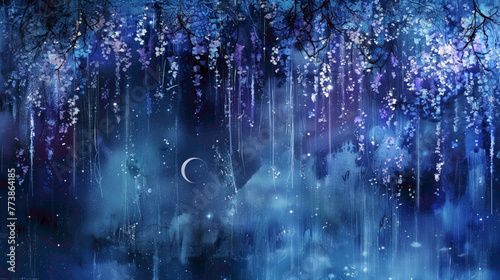 A cascade of silver moonlight, casting ethereal shadows agnst a backdrop of midnight blues and purples, creating an atmosphere of magic and mystery.