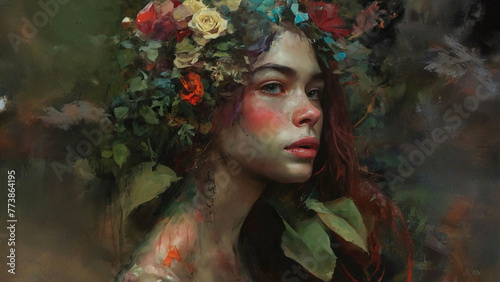 Enigmatic Floral Beauty A Painting of a Woman Adorned with Flowers on Her Face