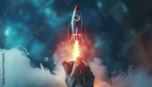 A hand holding a rocket in the air by AI generated image