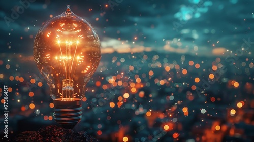 A light bulb is lit up in a cityscape with a blurry background. The light bulb is the main focus of the image, and it creates a sense of warmth and brightness in the otherwise dark